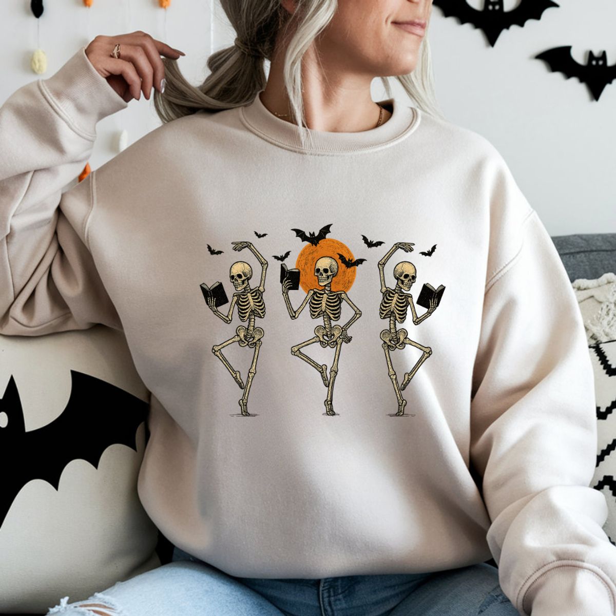 Women's Book Tok Skelly Sweatshirt - S / Sand