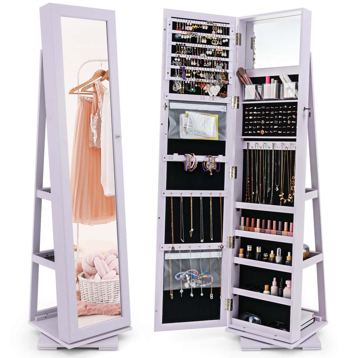 2-in-1 Lockable Mirrored 360&deg; Rotating Jewelry Armoire - Light Purple