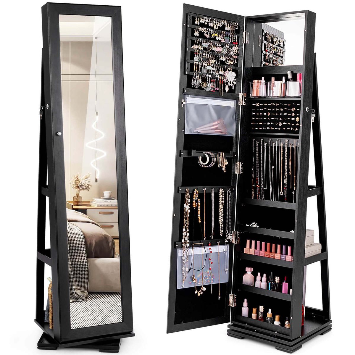 2-in-1 Lockable Mirrored 360&deg; Rotating Jewelry Armoire - Black