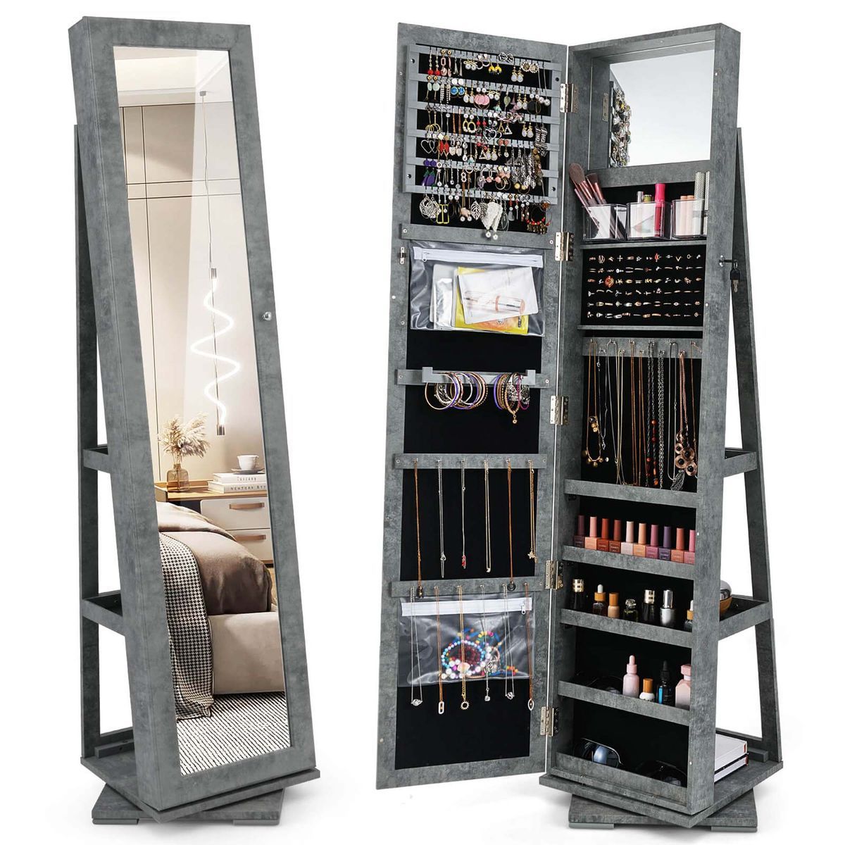 2-in-1 Lockable Mirrored 360&deg; Rotating Jewelry Armoire - Dark Gray