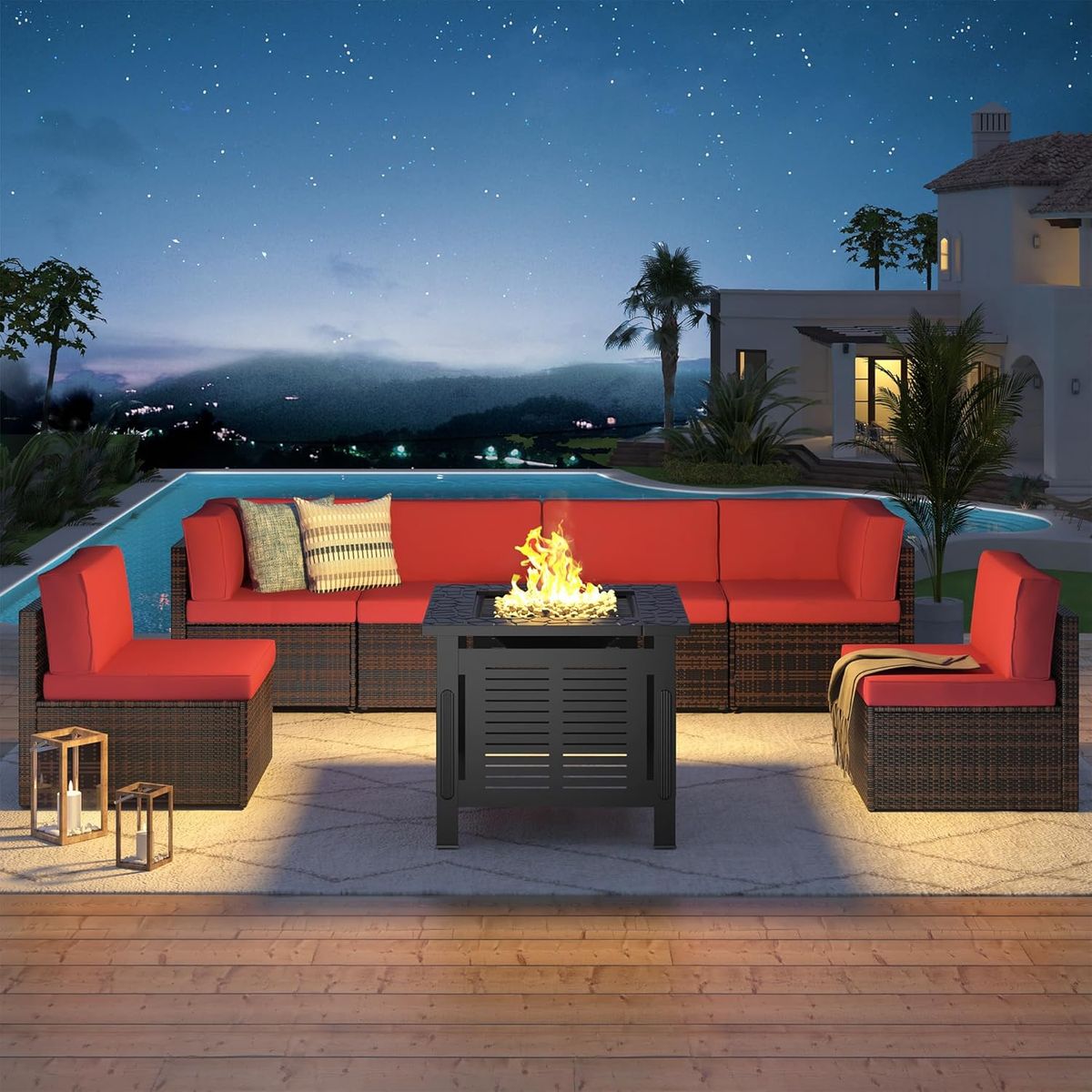 7 Piece Outdoor Patio Furniture Set with Fire Pit Table - 16002BRRD+16533BK-UG01
