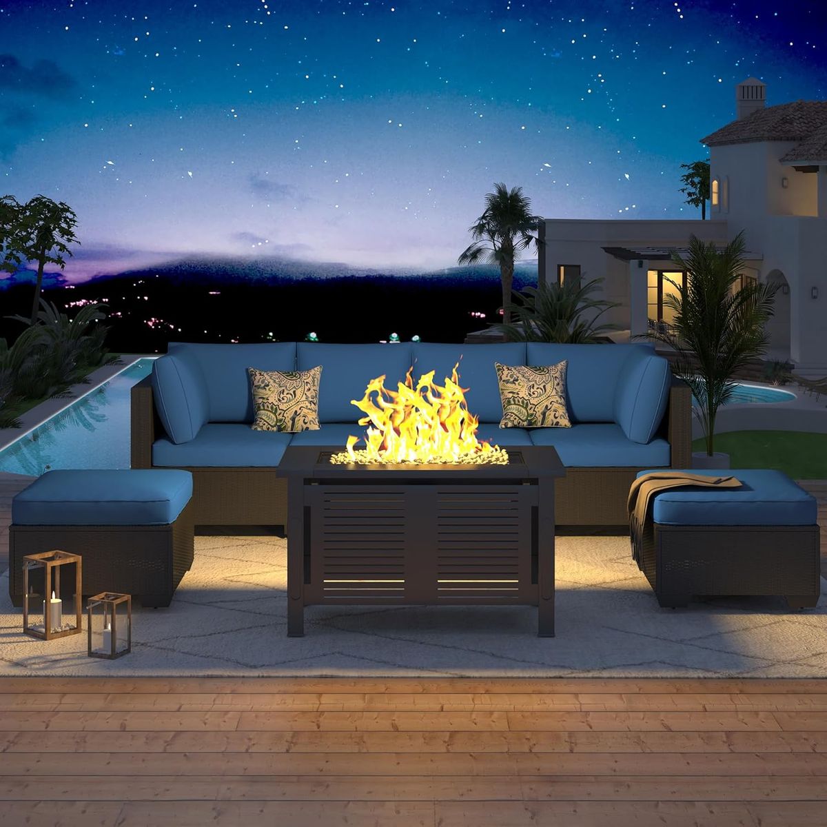 7 Piece Outdoor Patio Furniture Set with Fire Pit Table - 16002BKDBU+16533BK-UG01