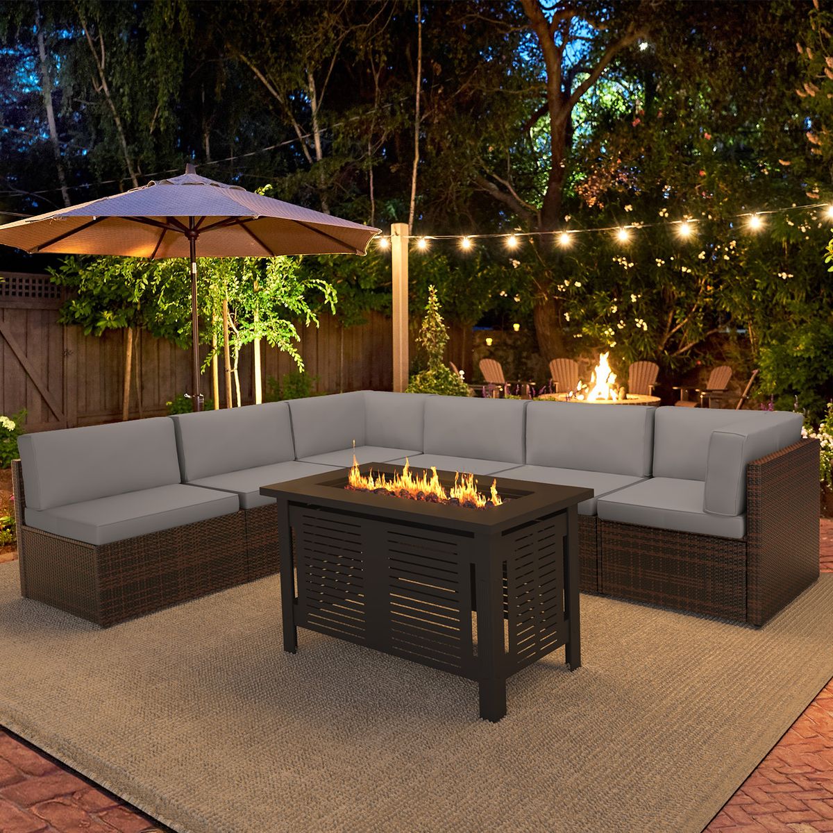 7 Piece Outdoor Patio Furniture Set with Fire Pit Table - 16002BRDG+16532BK-UG01