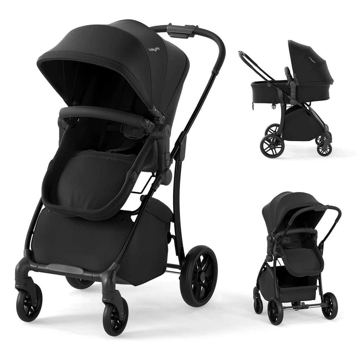 2-in-1 High Landscape Baby Stroller with Storage Basket - Black