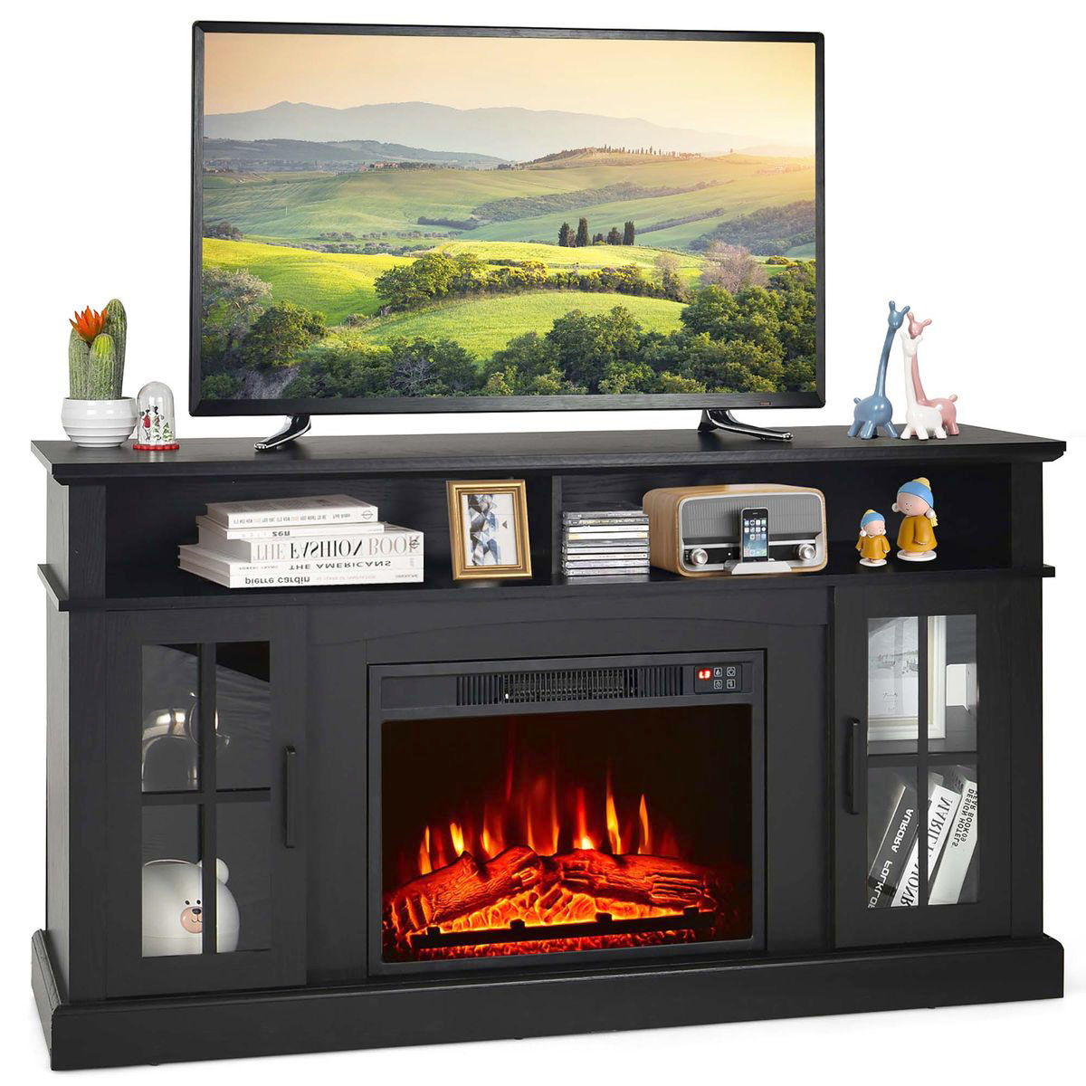Fireplace TV Stand for TVs up to 65" with Side Cabinets and Remote - TV Stand-Black