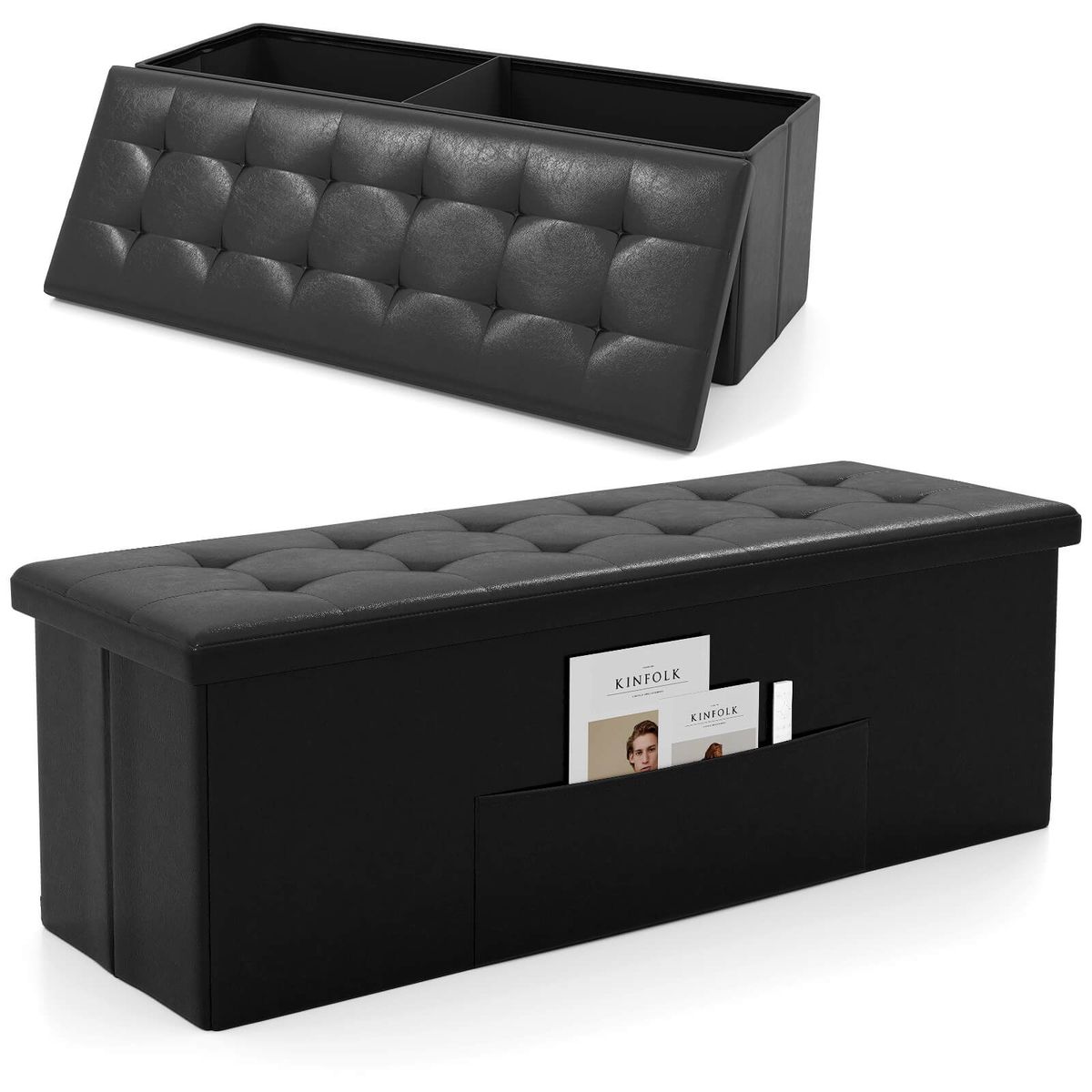 43" Folding Storage Ottoman Bench with Side Pocket Storage - Black