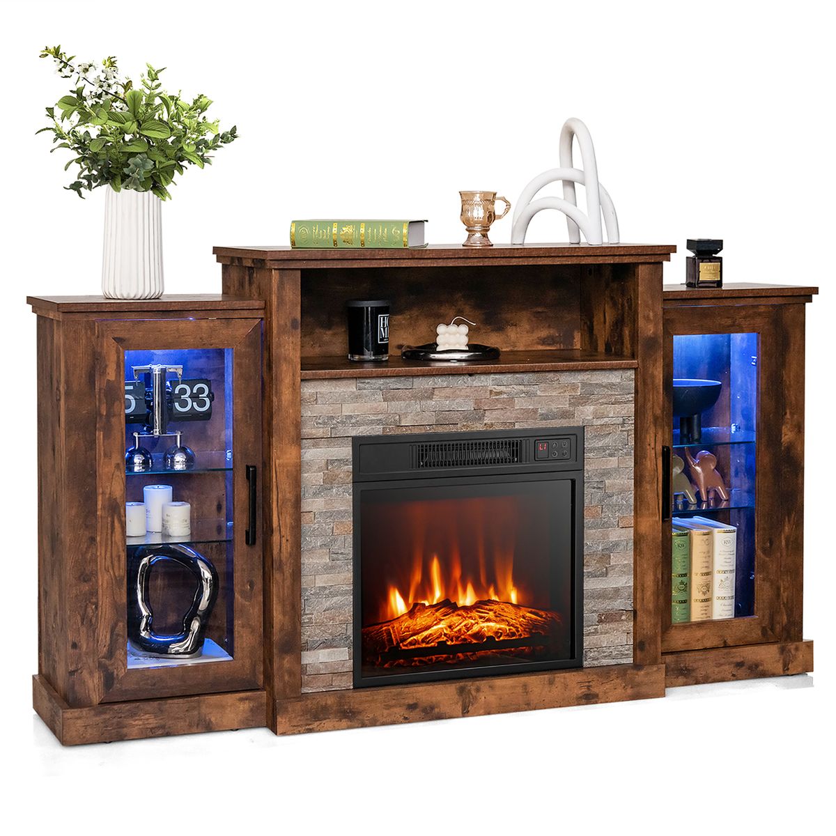 Fireplace TV Stand with LED Lights and Adjustable Temperature - Brown