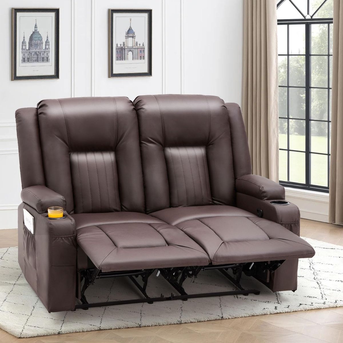 Loveseat Recliner with  Cup Holder and Side Pockets - Brown