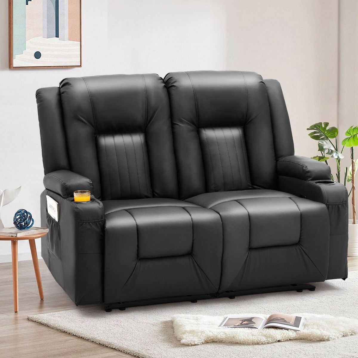 Loveseat Recliner with Cup Holder and Side Pockets - Black