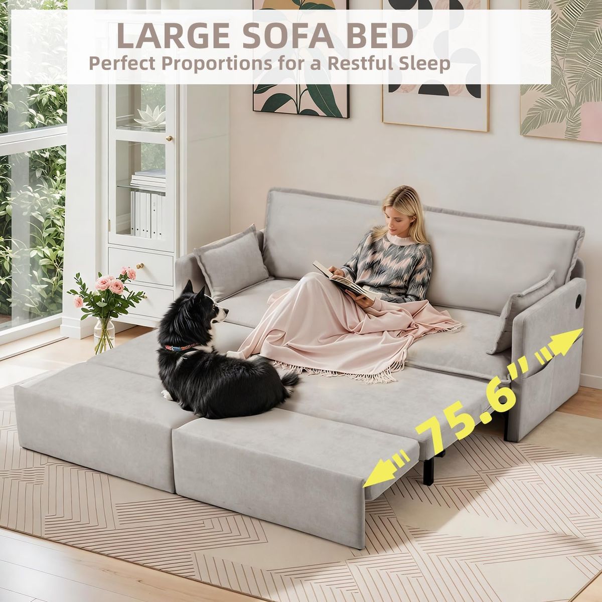 72" Pull Out Sofa Bed with USB Ports and Side Pockets - Light Gray