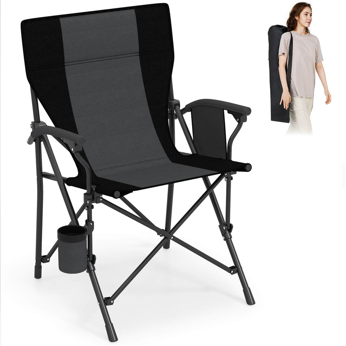 Folding Camping Chair with Drawstring Design - Black-1