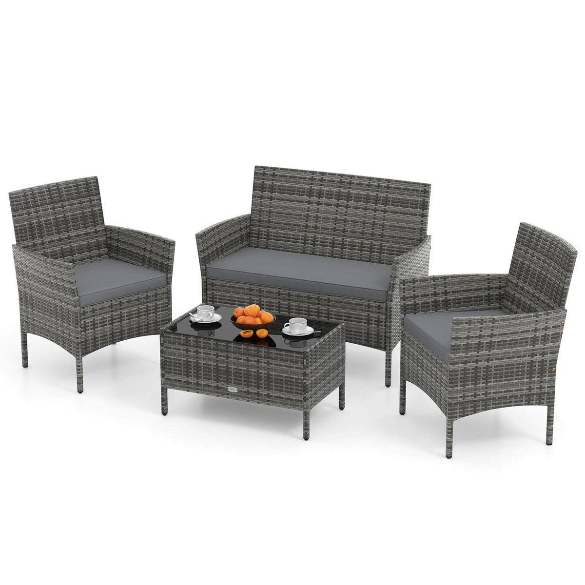 4-Piece Patio Furniture Set with Tempered Glass Coffee Table - Gray Cushion