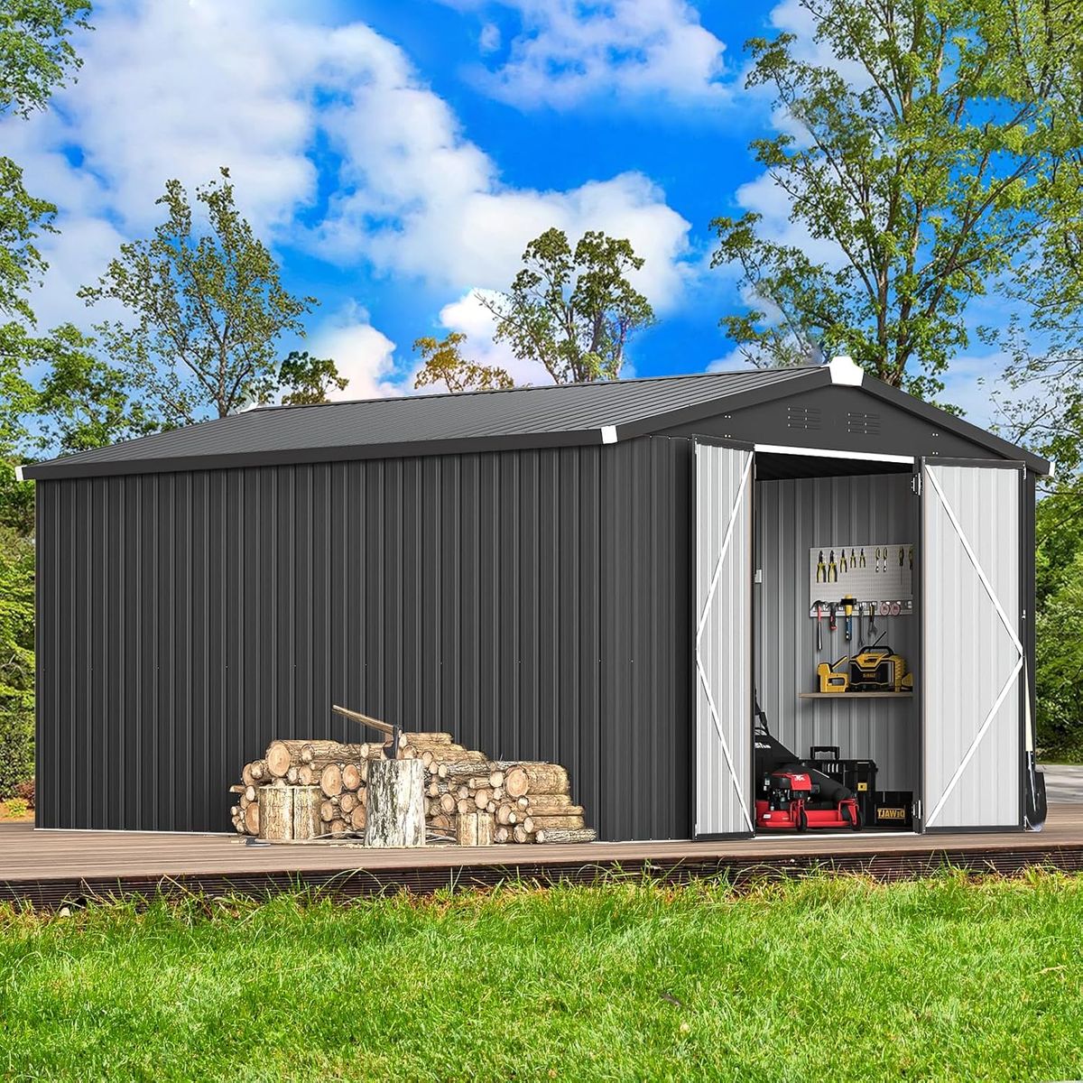 10' x 14' Outdoor Storage Shed with Lockable Doors - Dark Gray