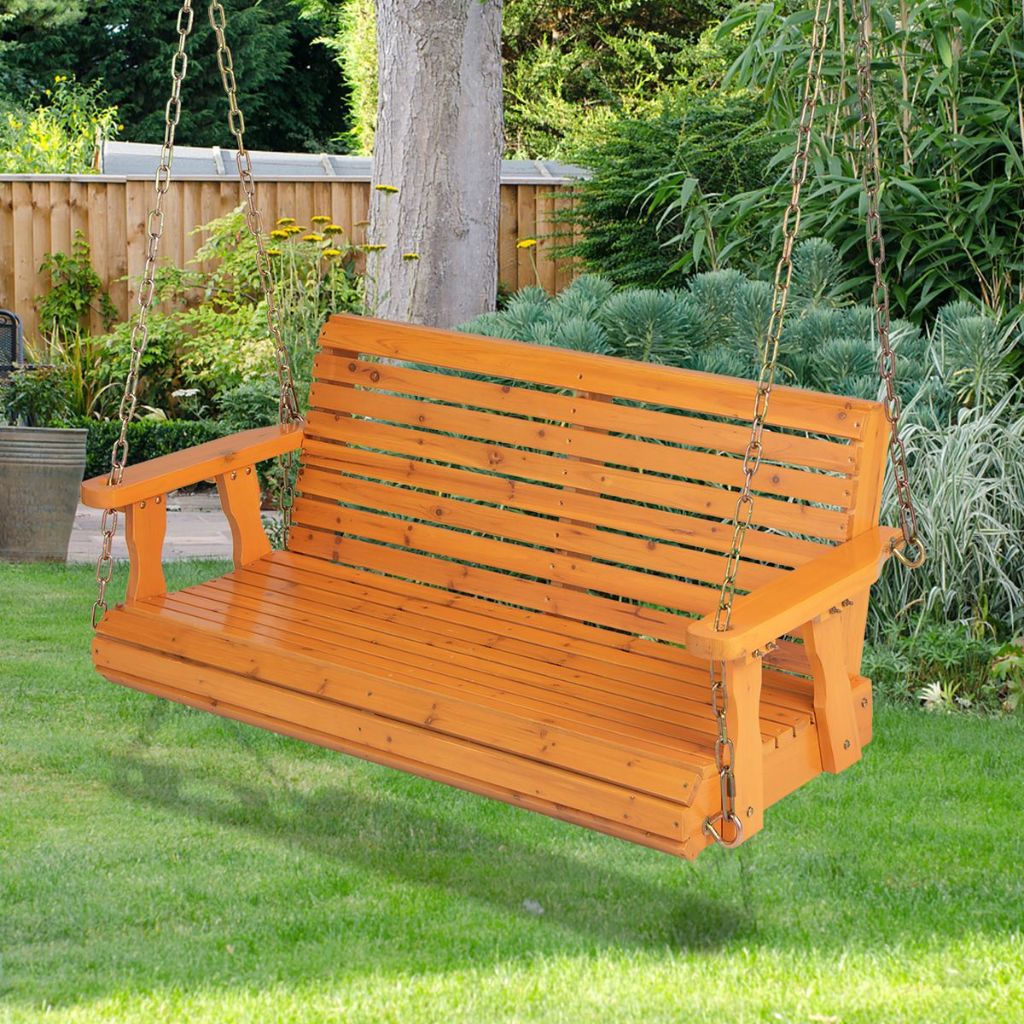 2-Person Outdoor Patio Wooden Hanging Porch Swing Bench - Brown