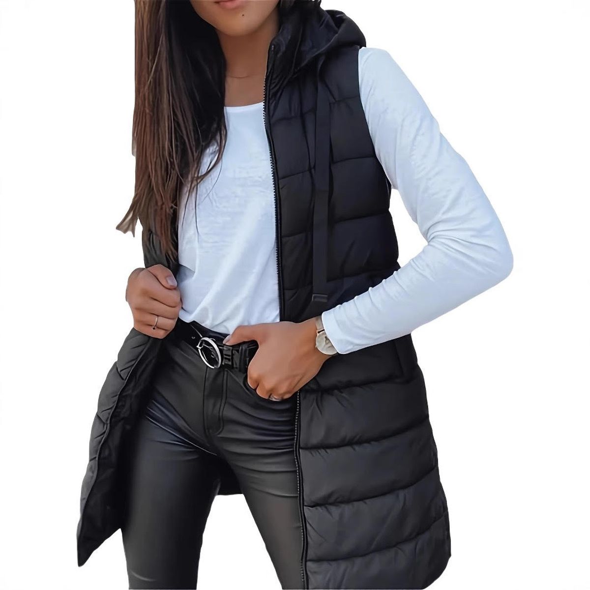 Women's Long Winter Puffer Vest - BLACK, SMALL