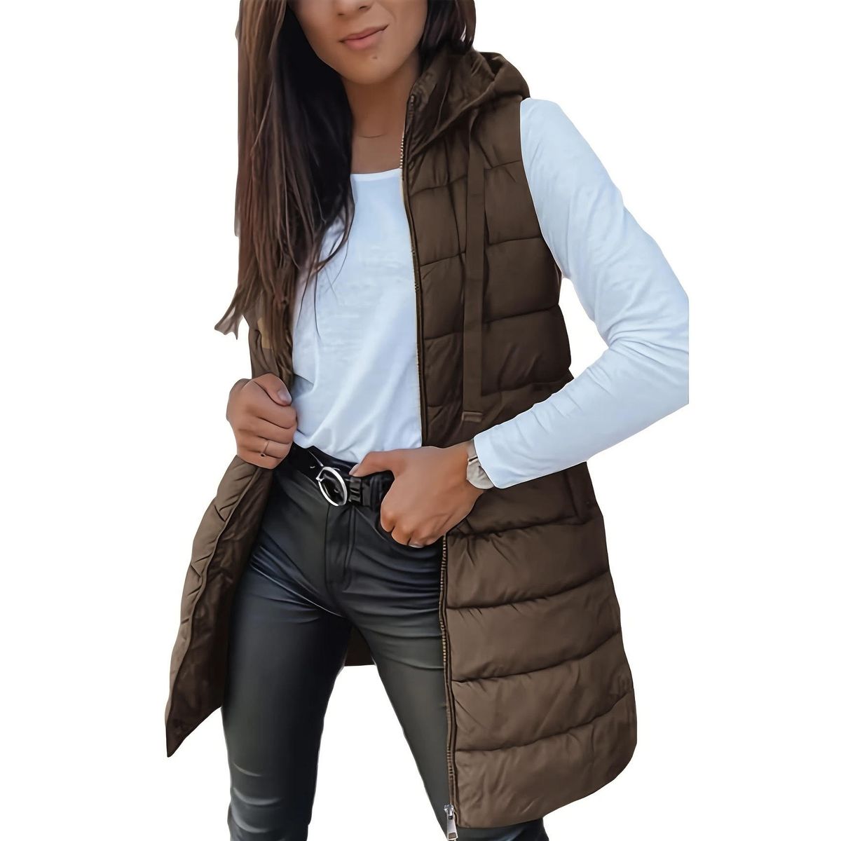 Women's Long Winter Puffer Vest - BROWN, LARGE