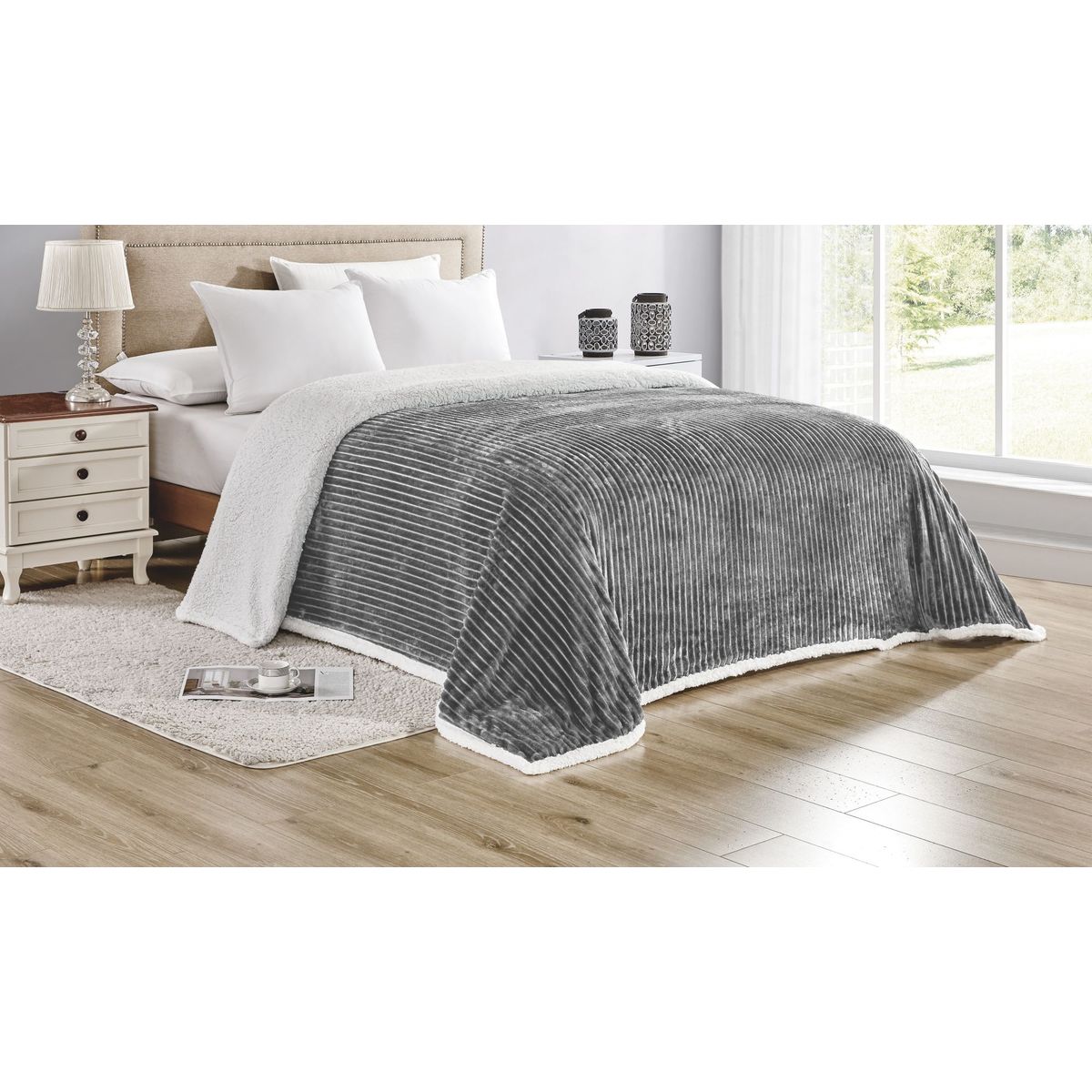Ultra-Soft Sherpa and Corduroy Reversible Blanket - King - Grey