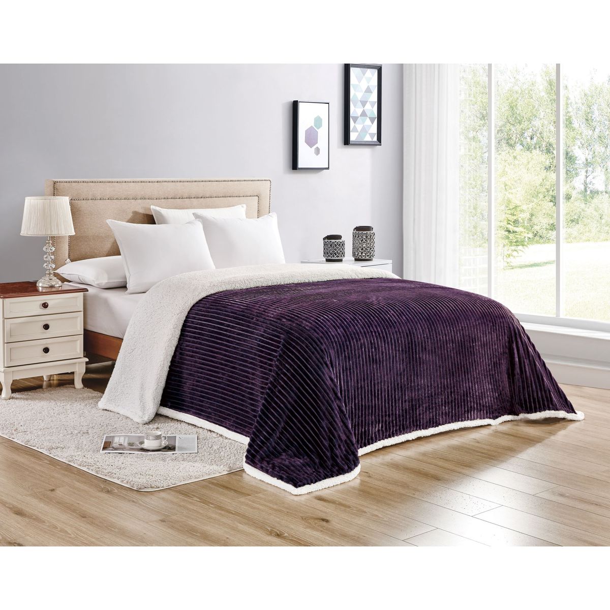 Ultra-Soft Sherpa and Corduroy Reversible Blanket - King - Purple