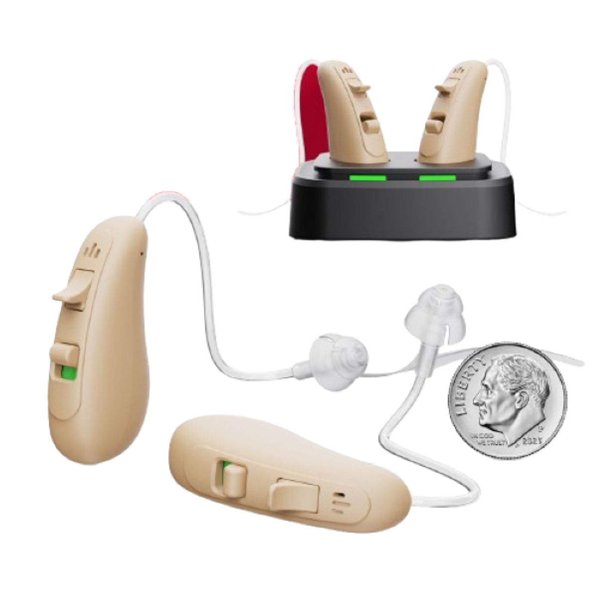 RCA Behind-the-Ear Hearing Aid with Recharging Stand (2-Pack) - Hearing Aid Beige