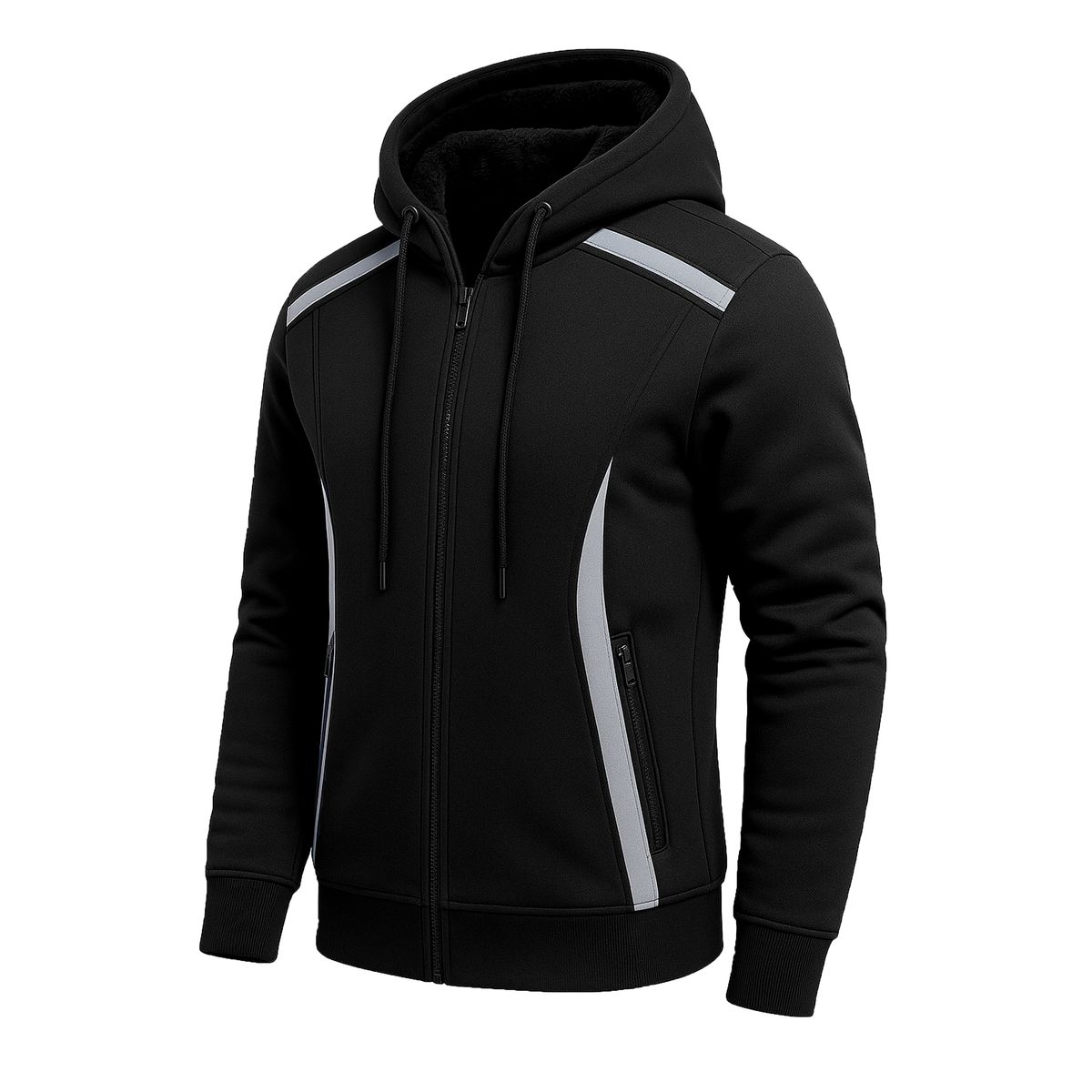 Men's Sherpa Fleece-Lined Reflective Tech Full Zip Hoodie - JMSHP-55 / BK / M