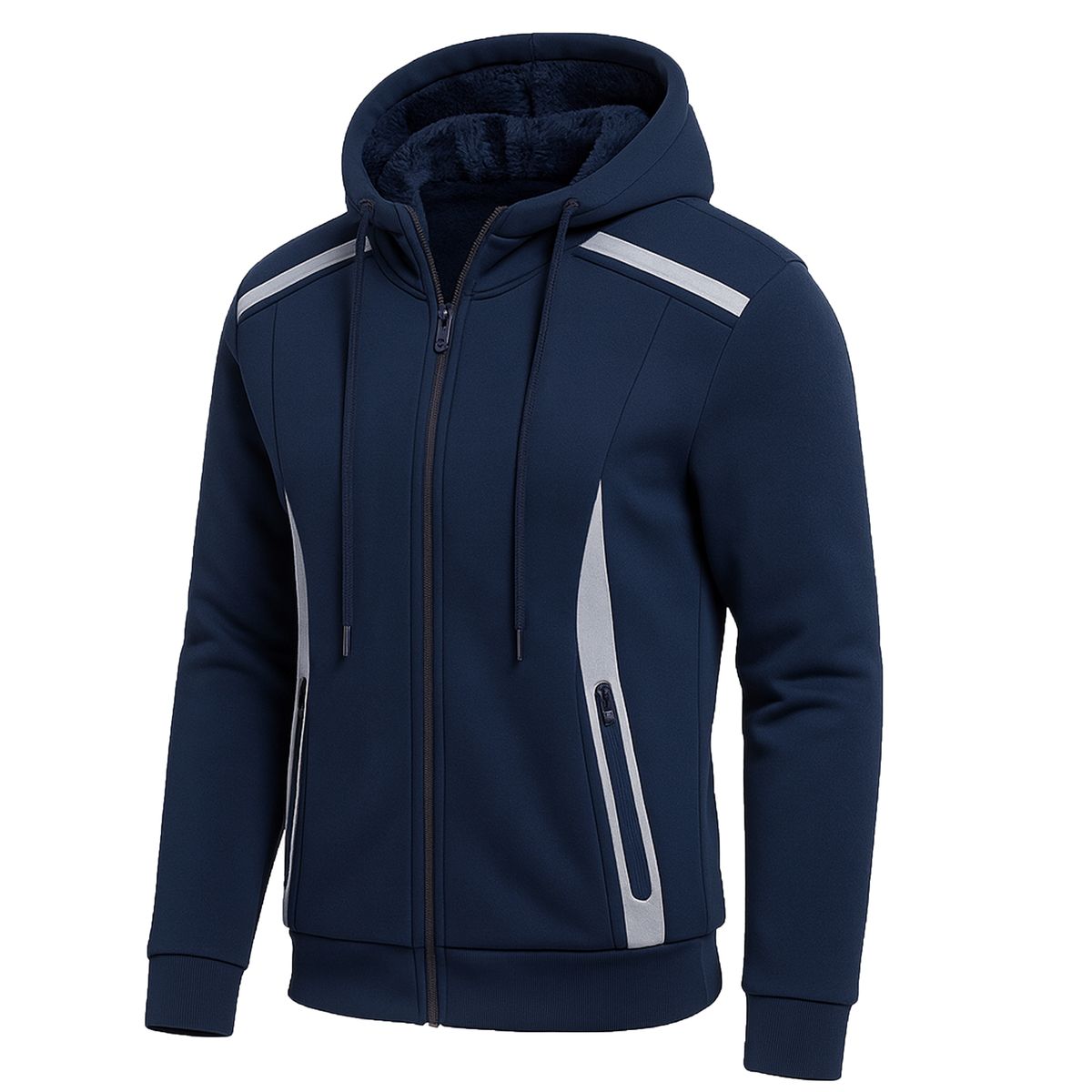 Men's Sherpa Fleece-Lined Reflective Tech Full Zip Hoodie - JMSHP-55 / NV / XL
