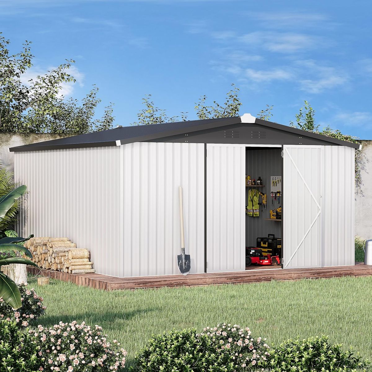 12' x 12' Outdoor Storage Shed with Lockable Doors - White