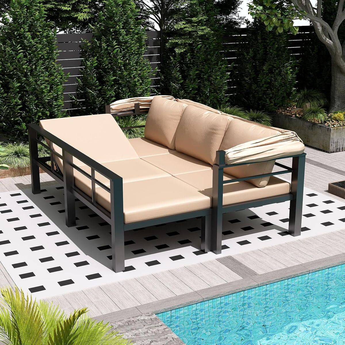 Patio Daybed with Retractable Canopy and Adjustable Backrests - Beige
