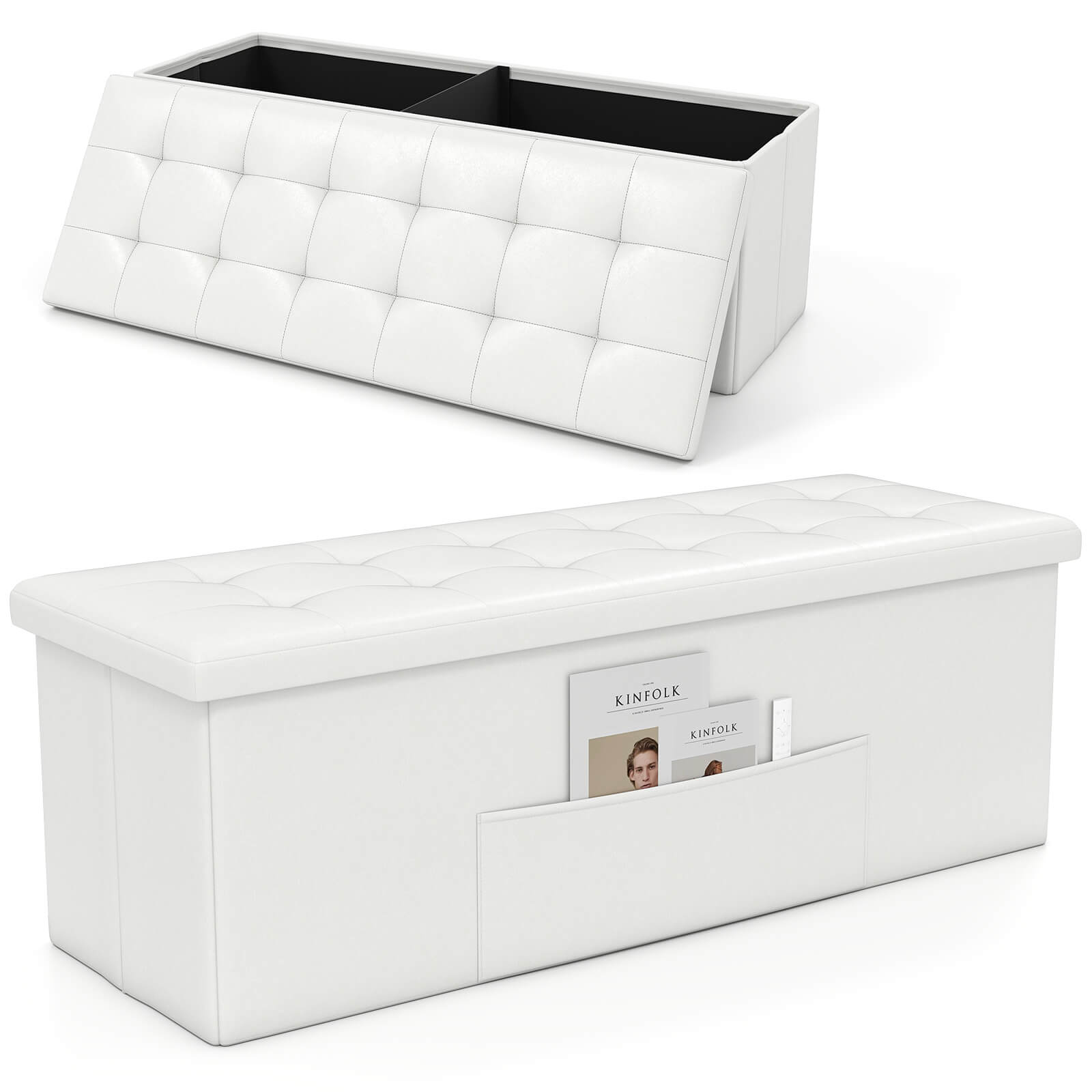 43" Folding Storage Ottoman Bench with Side Pocket Storage - White