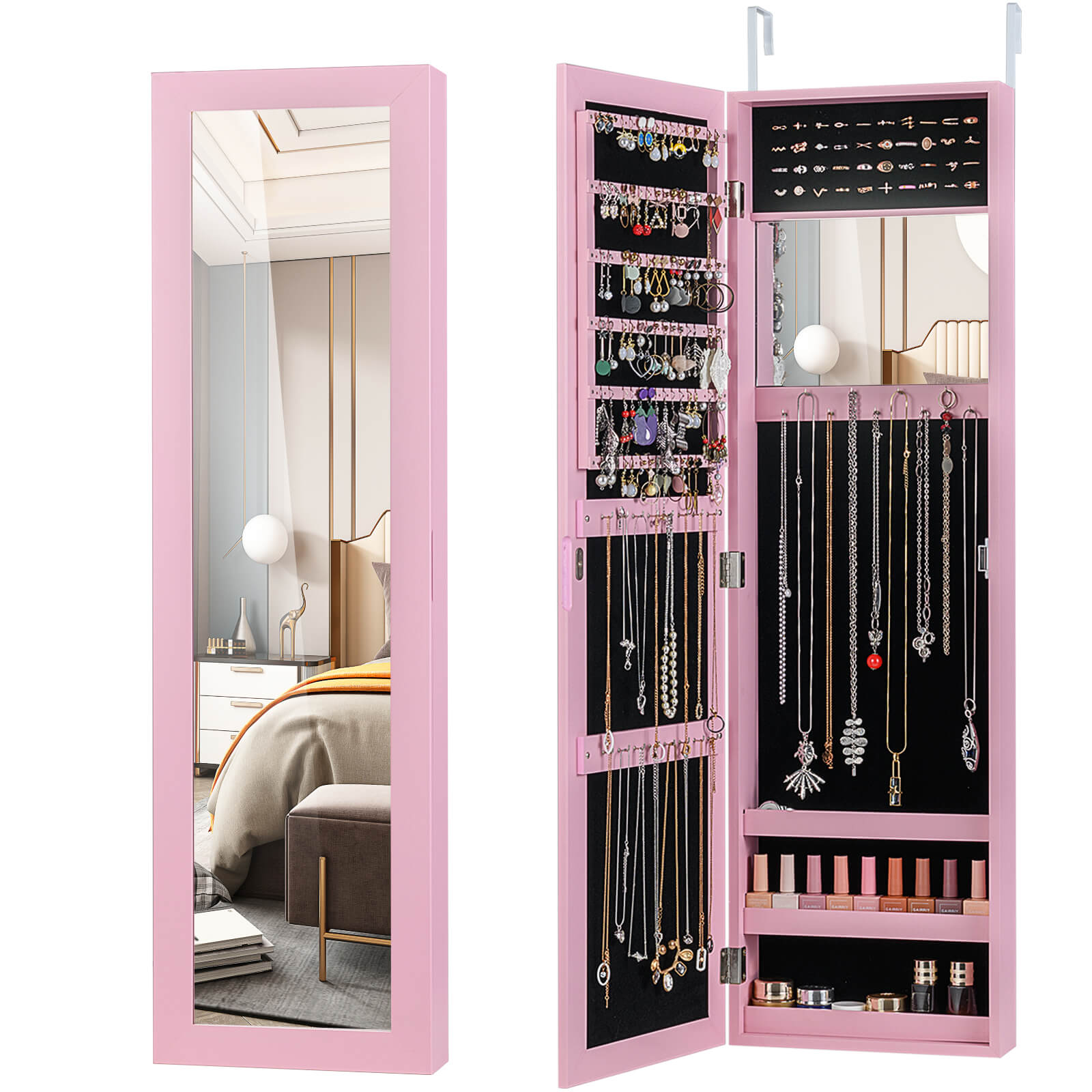 Wall or Door Mounted Mirrored Jewelry Cabinet - Jewelry Cabinet-Pink