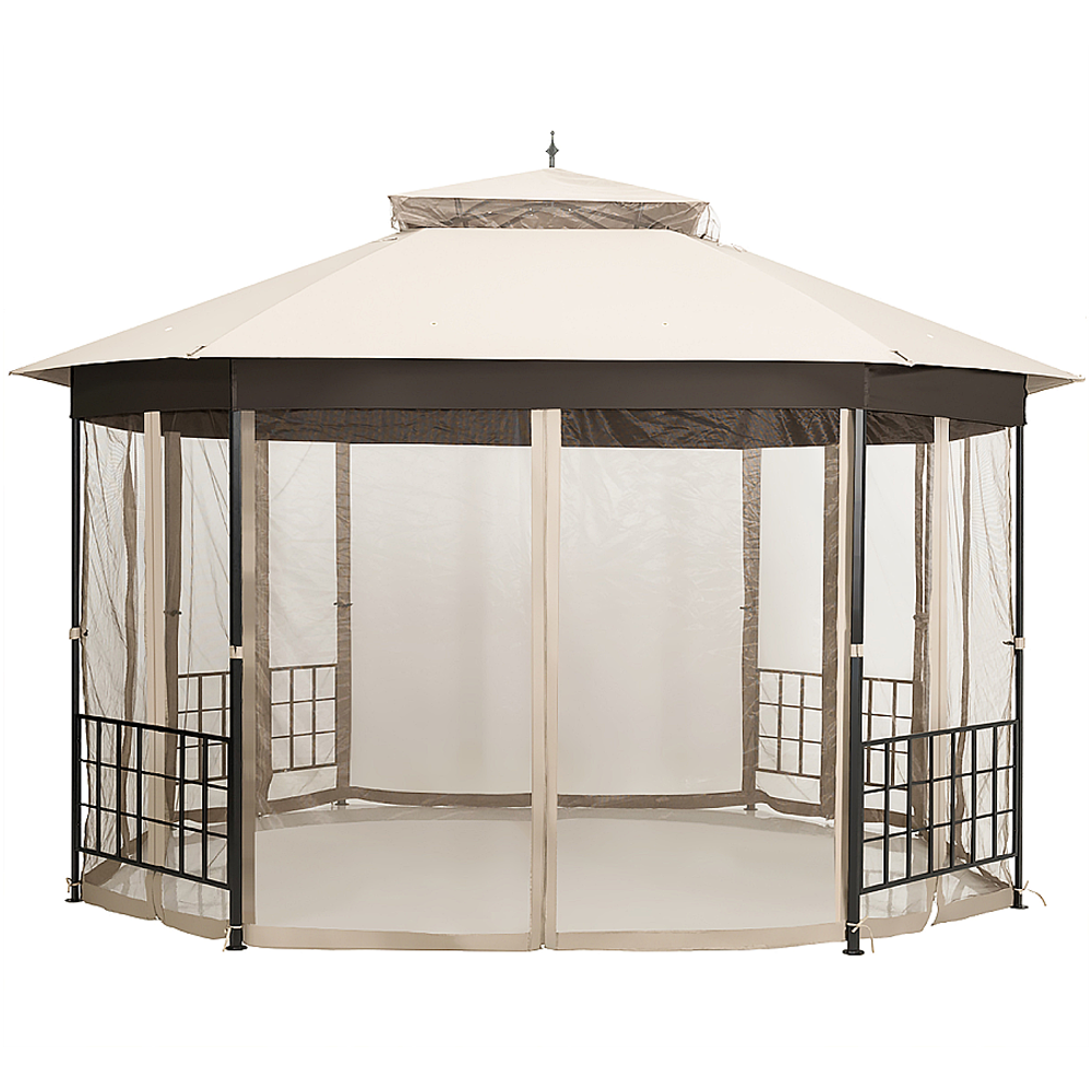 Steel Paneled Beige Mesh Covered 10' x 12' Gazebo - Costway 10'x12' Patio Gazebo Beige