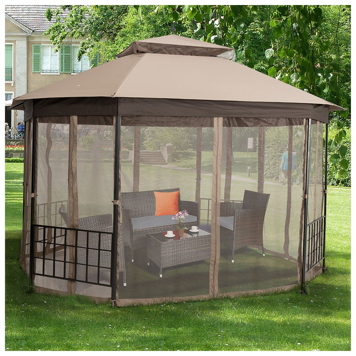 Steel Paneled Beige Mesh Covered 10' x 12' Gazebo - Costway 10'x12' Patio Gazebo Coffee