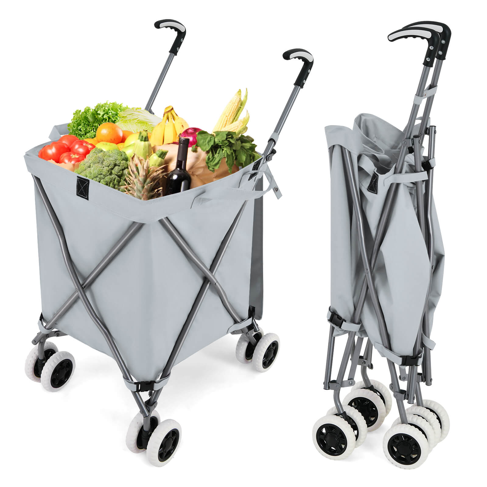 Folding Shopping and Utility Cart, Water-Resistant Heavy-Duty Canvas with Cover - Gray
