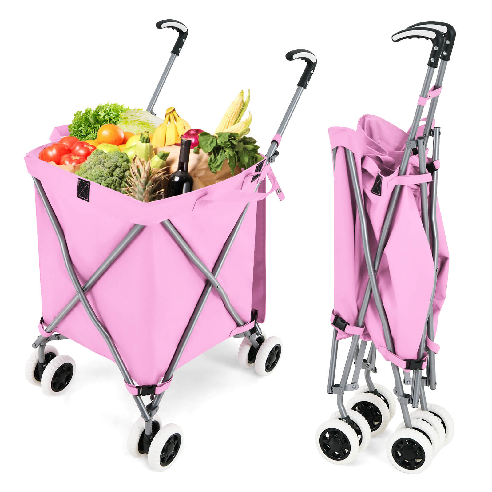 Folding Shopping and Utility Cart, Water-Resistant Heavy-Duty Canvas with Cover - Pink