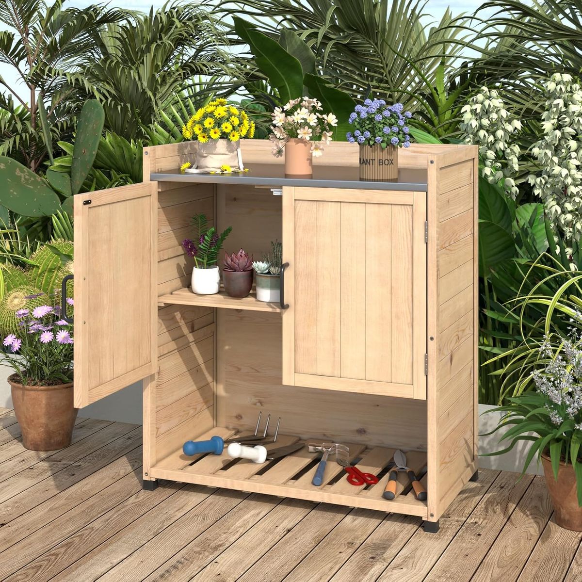 Outdoor Wooden Storage Cabinet with Adjustable Shelf - Natural Wood