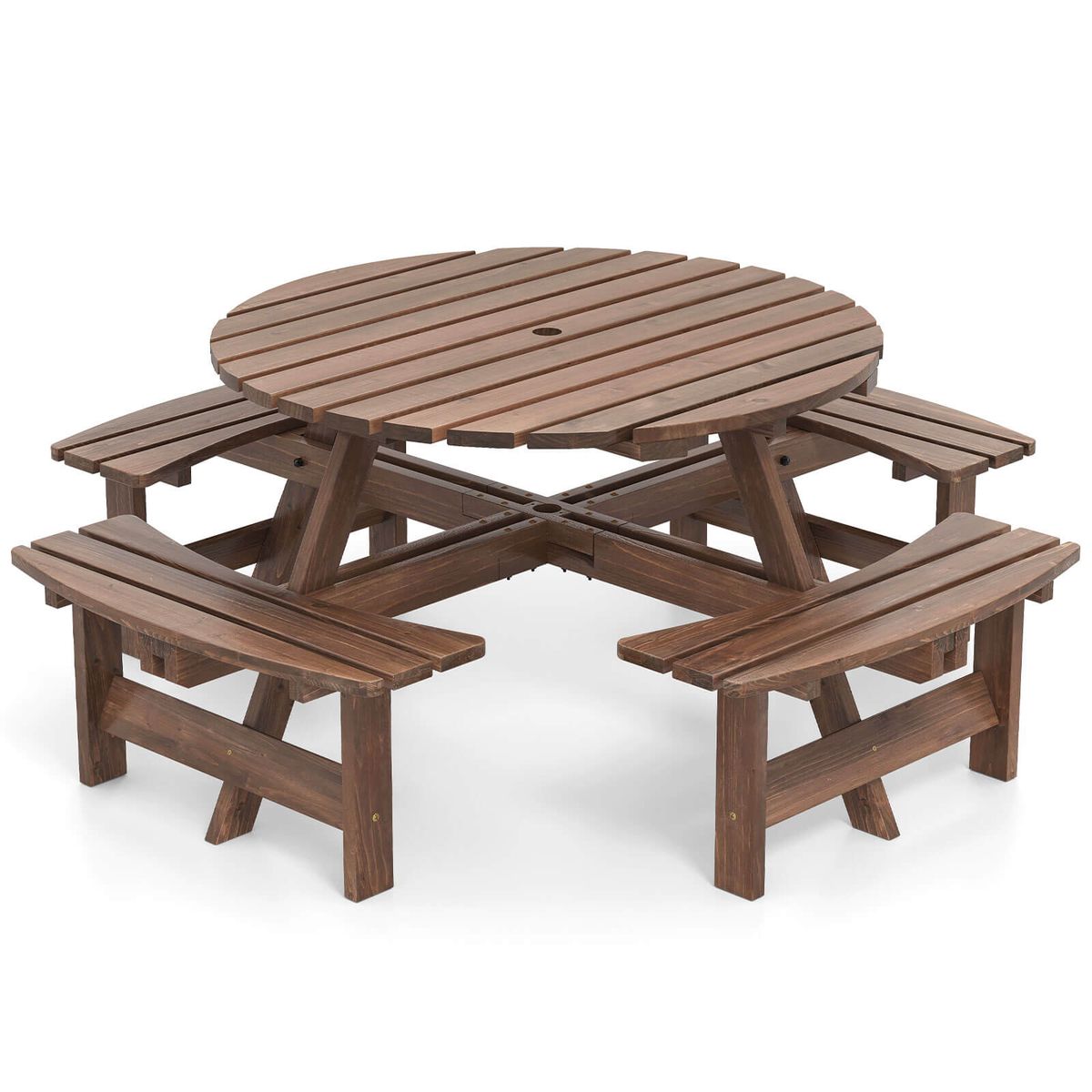 8-Person Picnic Table Set with 4 Built-in Benches - Brown