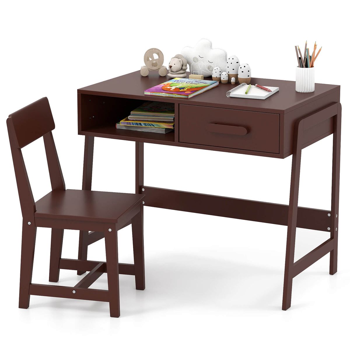 Kids Desk and Chair Set with Storage Drawer - Brown