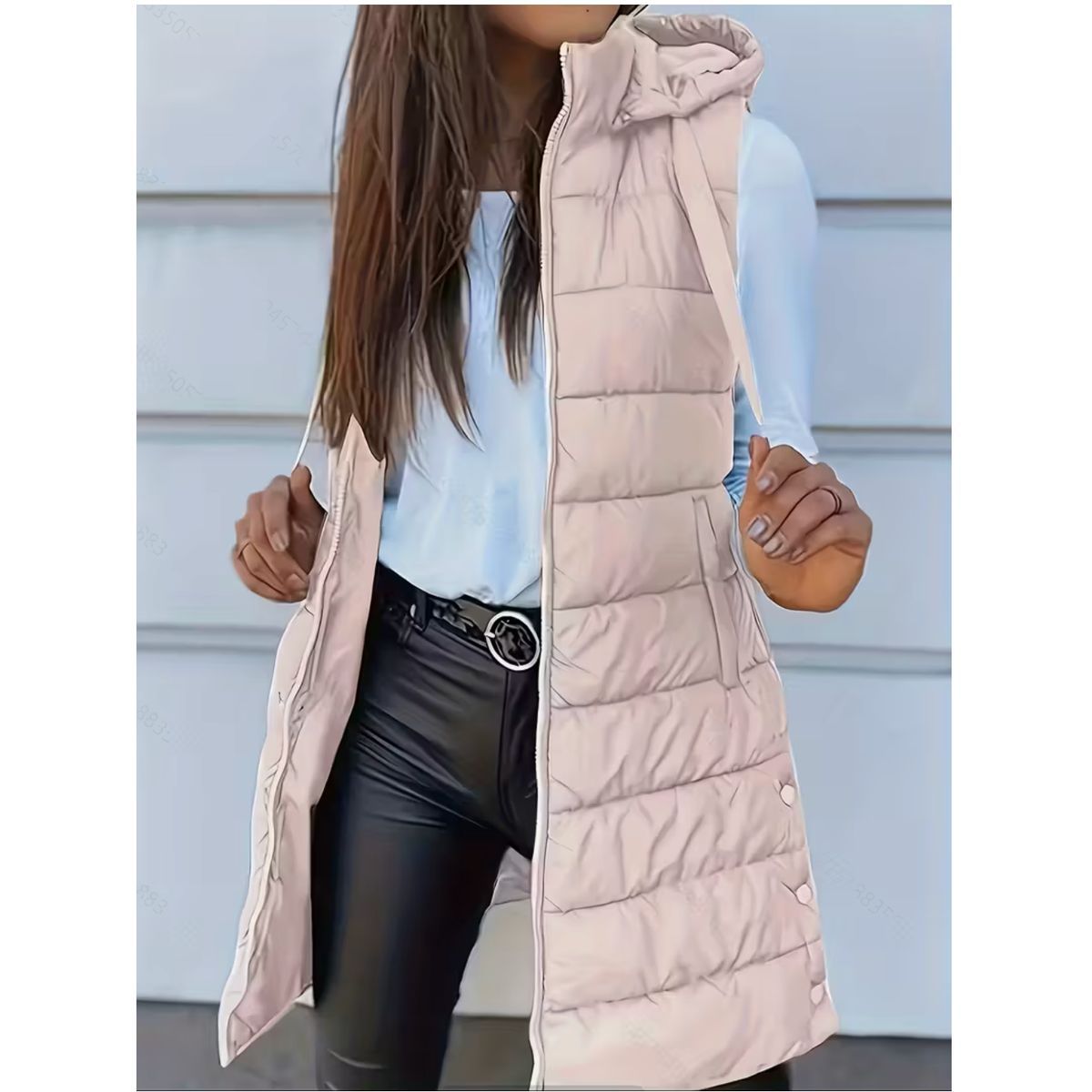 Women's Long Winter Puffer Vest - PINK- X-LARGE