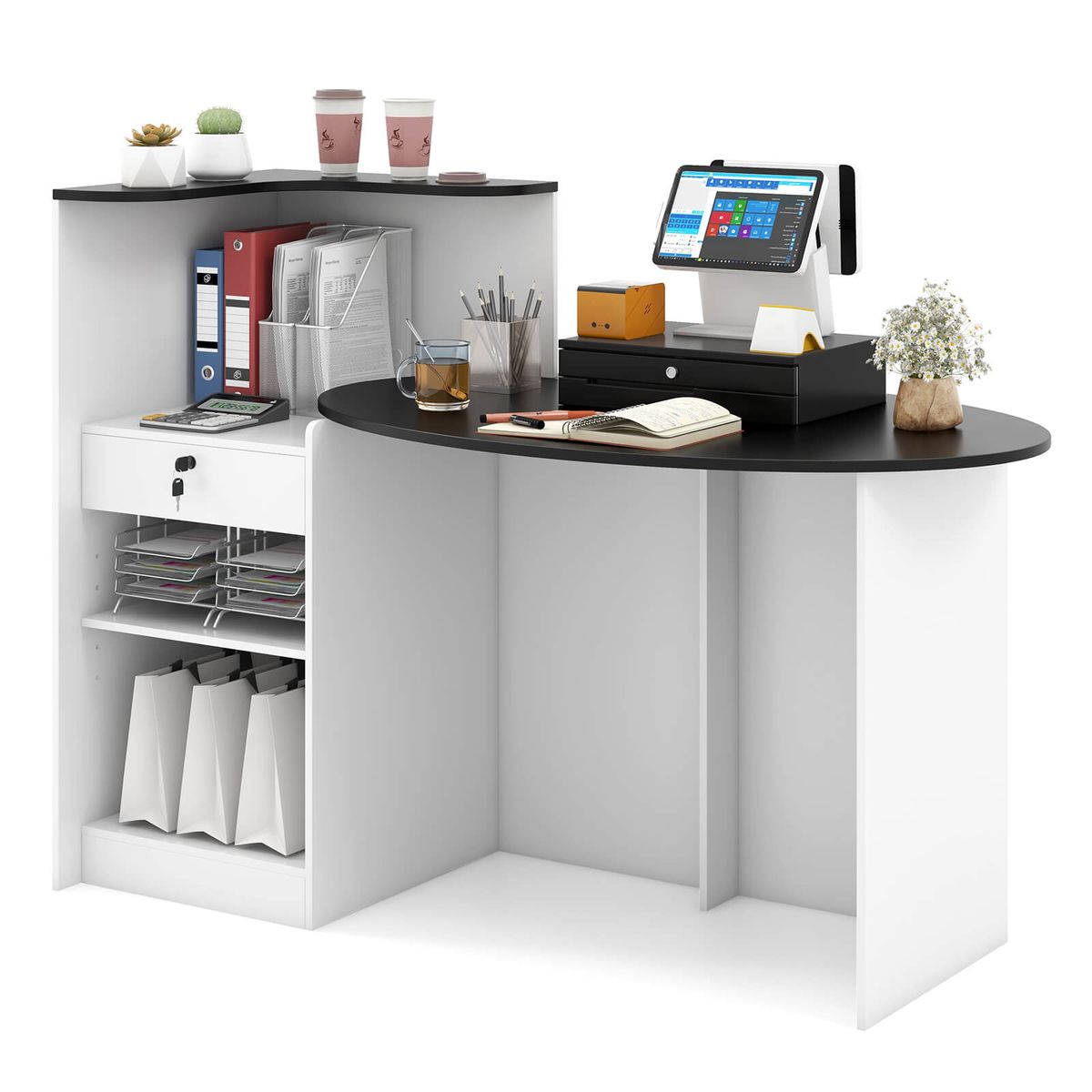 Reception Desk with Lockable Drawer and Adjustable Shelf - Black Top
