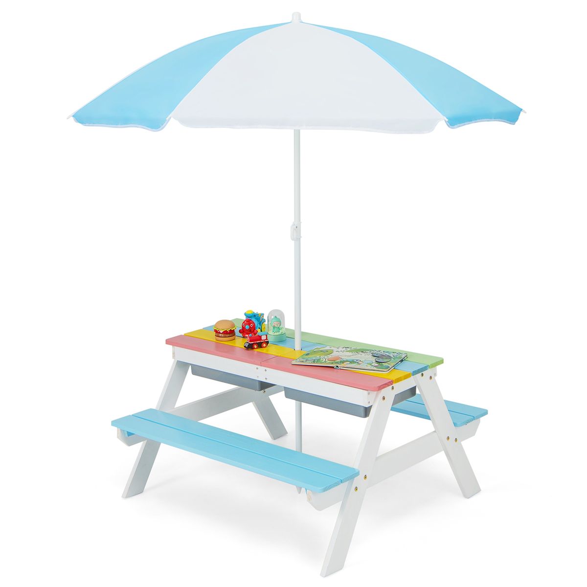 3-in-1 Kids Picnic Table with 2 Detachable Storage Boxes - Table-Blue