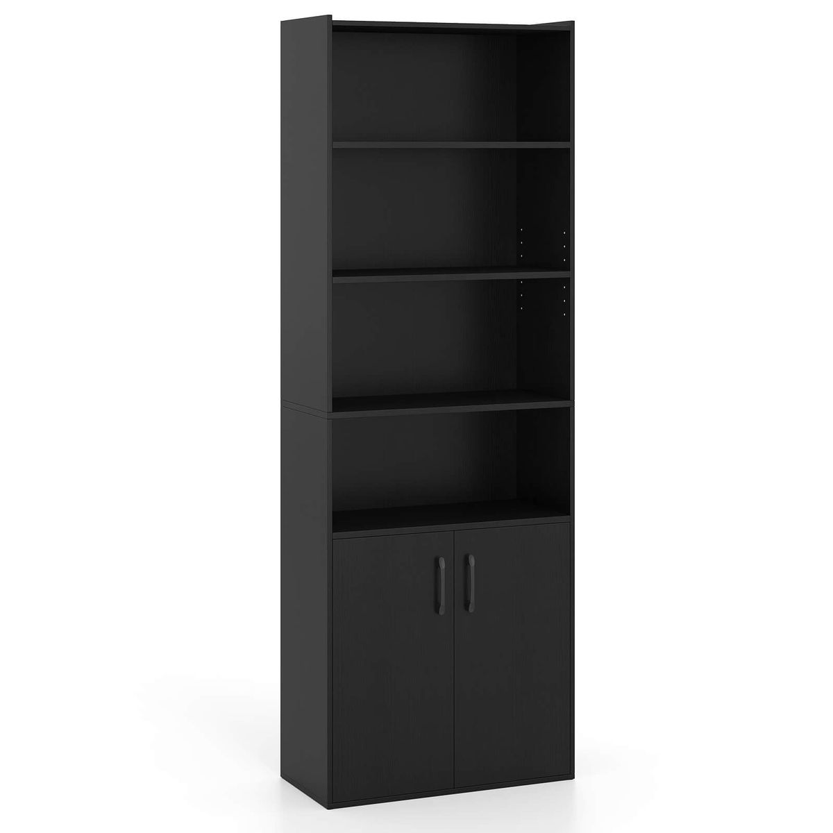 70" Bookcase with Adjustable Shelves with Cabinet - Black