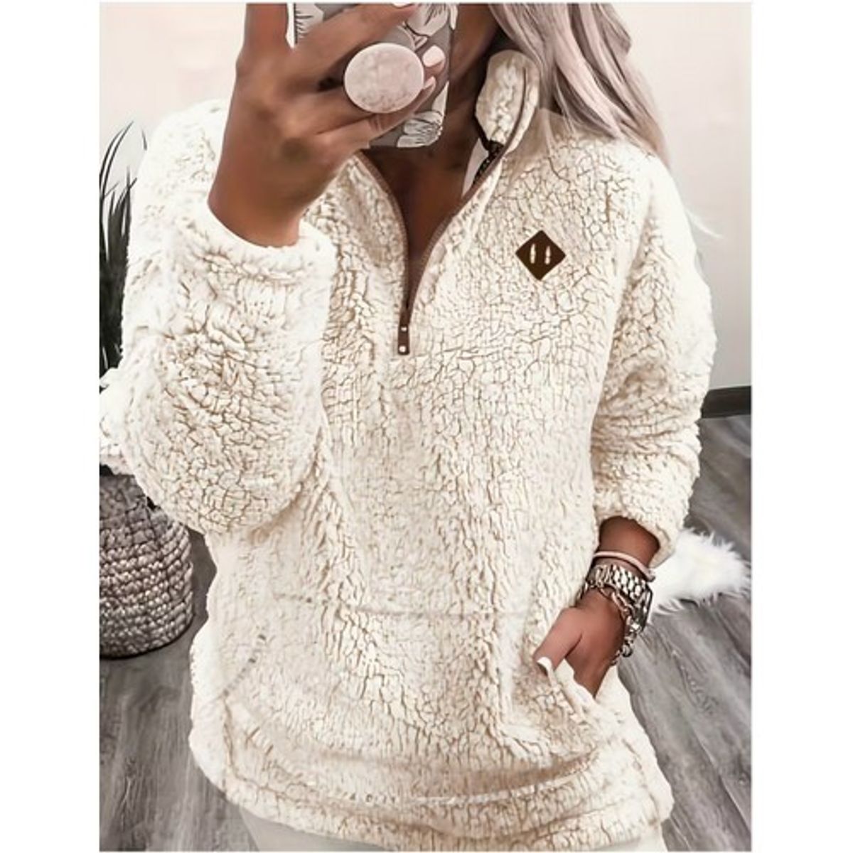 Women's Loose-Fit Teddy Fleece Jacket - Beige,S