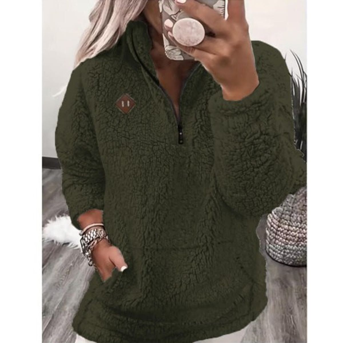 Women's Loose-Fit Teddy Fleece Jacket - Green,XXL