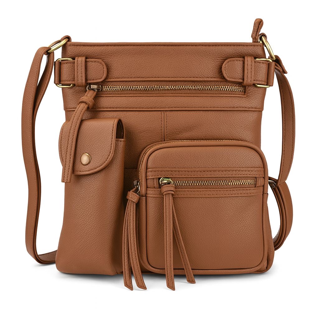 Super Soft Genuine Leather Crossbody Bag with Top Belt Accent - Light Brown