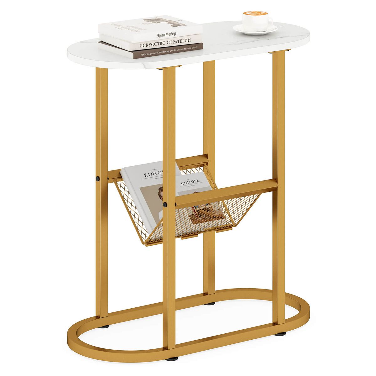 End Table with Faux Marble Tabletop and Magazine Holder  White