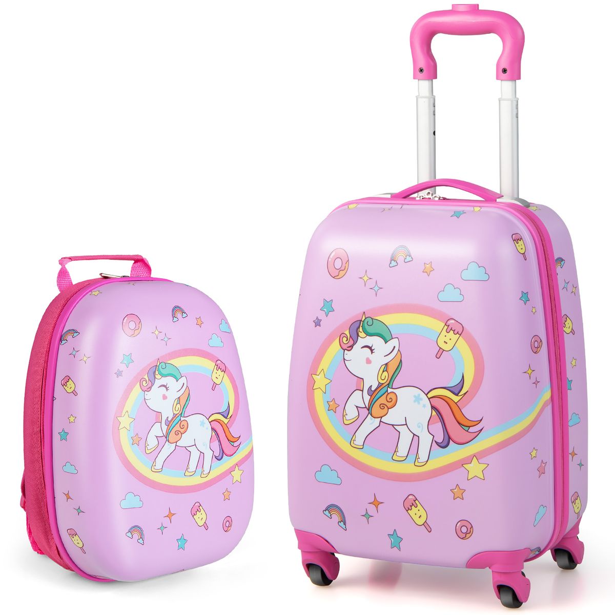 2-Piece Kids Carry On Luggage Set - Rainbow Unicorn; Facing Left