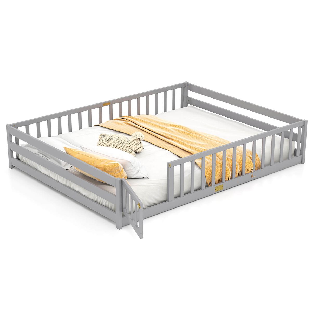 Queen Size Floor Bed with Full Length Safety Guardrails - Gray