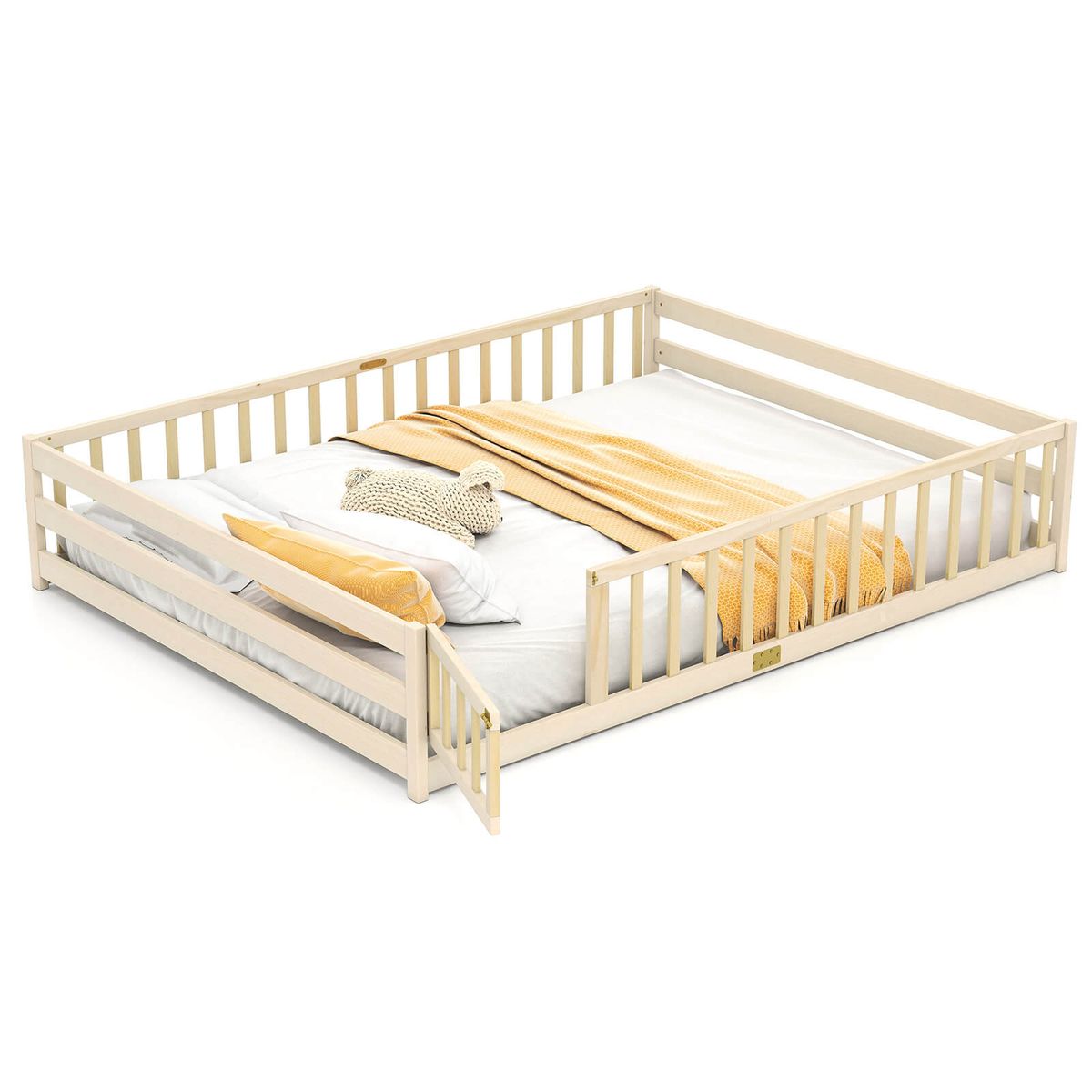 Queen Size Floor Bed with Full Length Safety Guardrails - Natural