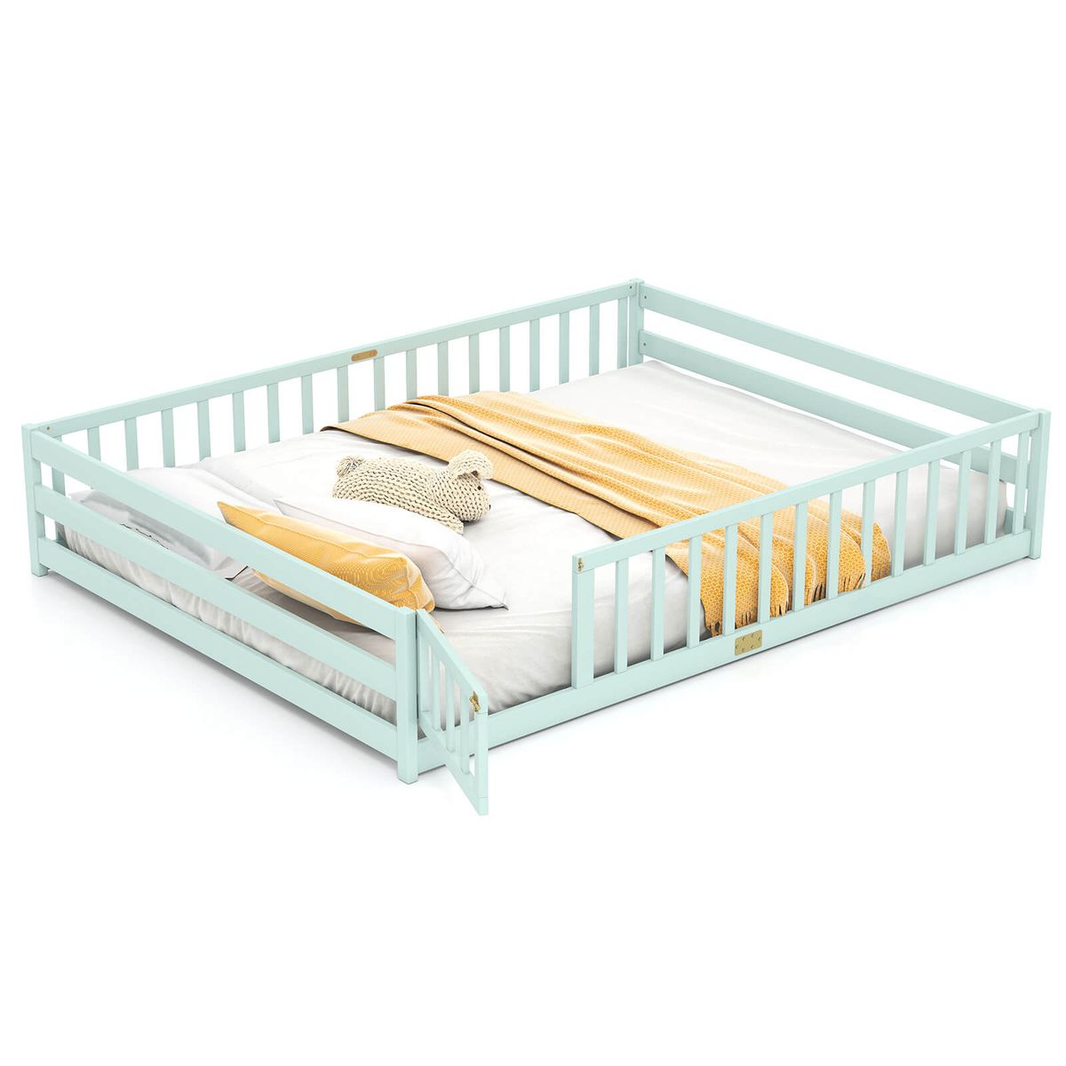 Queen Size Floor Bed with Full Length Safety Guardrails - Mint Sky
