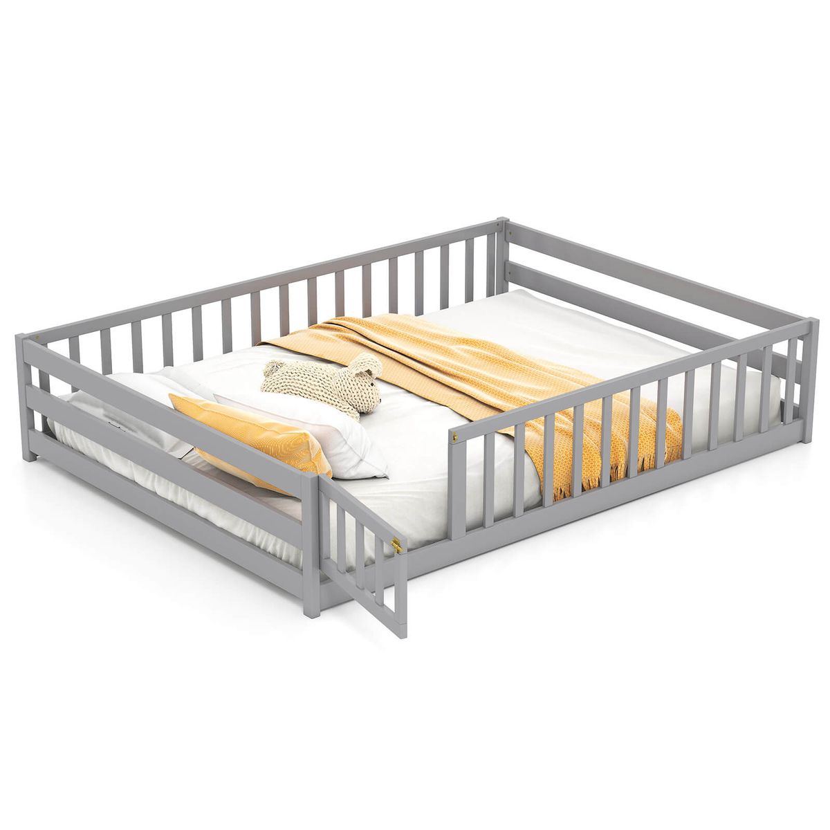 Full Size Floor Bed with Safety Guardrails - Gray
