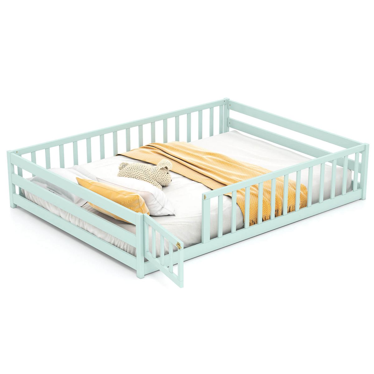Full Size Floor Bed with Safety Guardrails - Mint Sky